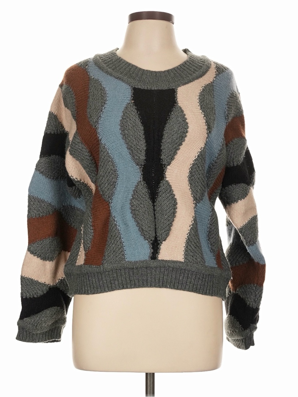 Deluc Gray Wave-Pattern Crewneck Sweater with Blue, Brown & Cream Accents